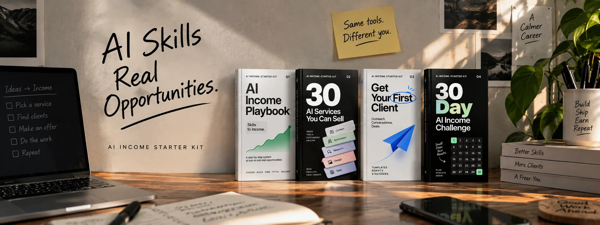 Illustrative AI Income Starter Kit books on a sunlit workspace